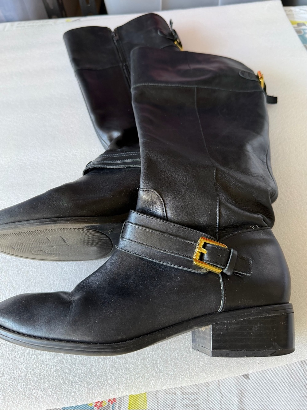 Ralph Lauren Black Leather Mid-Calf Riding Boots with Gold Buckles
